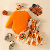 Cute Halloween Infant Pumpkin Print Baby Kids Girl’S Solid Bodysuit Ruffled Sleeves Bow Suspender Dress Set with Headband
