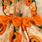 Cute Halloween Infant Pumpkin Print Baby Kids Girl’S Solid Bodysuit Ruffled Sleeves Bow Suspender Dress Set with Headband