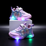 Girls' Casual Shoes Princess Children'S Elsa LED Luminous Light Pink Purple Leather Fashion Sports Shoes Sneakers Size 22