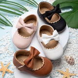 Retro New Newborn Baby Walking Shoes Spring Autumn Solid Color Bow Princess Shoes PU Anti-Slip Soft Rubber Bottom Baby Casual