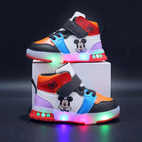 Disney Girls' Causla Shoes PU Leather Mickey Mouse LED Luminescent Children'S Sneaker 1-6 Year Old Boys' Sports Casual Shoes