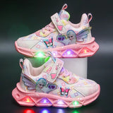 Children'S Sports Shoes Led Lights Sneaker Cartoon Frozen Princess Elsa PU Leather Girls' Pink Children'S Running Shoes