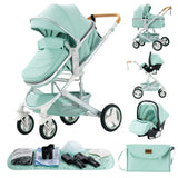 Baby Stroller 3 in 1 Portable Travel Luxurious Baby Carriage Fold Pram Aluminum Frame High Landscape Multifunctional Stroller