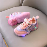 Girls' Casual Shoes Princess Children'S Elsa LED Luminous Light Pink Purple Leather Fashion Sports Shoes Sneakers Size 22