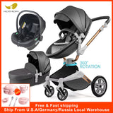 F023 Baby Stroller 3 in 1,Rotates 360 Degrees,Pu Leather, Mosquito Net, Rain Cover, Adapter, Cup Holder, Large Wheels