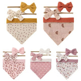 3Pcs/Set Muslin Cotton Baby Bib Newborn Bows Headband Triangle Print Saliva Towel Infant Boy Girl Feeding Burp Cloth Shower Gift
