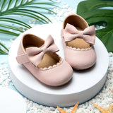 Retro New Newborn Baby Walking Shoes Spring Autumn Solid Color Bow Princess Shoes PU Anti-Slip Soft Rubber Bottom Baby Casual