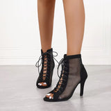 New Women Fashion Show Net Fabric Cross Strap Sexy High Heel Sandals Woman Shoes Pumps Lace-Up Peep Toe Sandals Casual Mesh