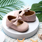 Retro New Newborn Baby Walking Shoes Spring Autumn Solid Color Bow Princess Shoes PU Anti-Slip Soft Rubber Bottom Baby Casual