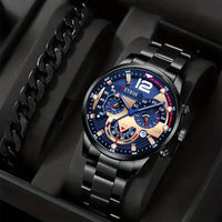 2Pcs Luxury Mens Silver Quartz Watch with Stainless Steel Bracelet Men Fashion Business Casual Watch Luminous Clock