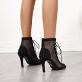 New Women Fashion Show Net Fabric Cross Strap Sexy High Heel Sandals Woman Shoes Pumps Lace-Up Peep Toe Sandals Casual Mesh