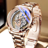 Gold Skeleton Waterproof Leather Custom Watch Men Luxury Orologio Uomo Relojes De Cuarzo Para Hombre