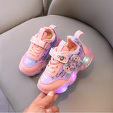 Girls' Casual Shoes Princess Children'S Elsa LED Luminous Light Pink Purple Leather Fashion Sports Shoes Sneakers Size 22