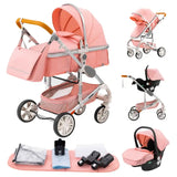 Baby Stroller 3 in 1 Portable Travel Luxurious Baby Carriage Fold Pram Aluminum Frame High Landscape Multifunctional Stroller