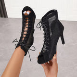 New Women Fashion Show Net Fabric Cross Strap Sexy High Heel Sandals Woman Shoes Pumps Lace-Up Peep Toe Sandals Casual Mesh