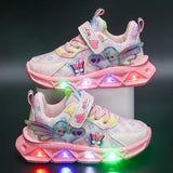 Disney Children'S Sports Shoes Led Lights Sneaker Cartoon Frozen Princess Elsa PU Leather Girls' Pink Children'S Running Shoes