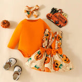 Cute Halloween Infant Pumpkin Print Baby Kids Girl’S Solid Bodysuit Ruffled Sleeves Bow Suspender Dress Set with Headband