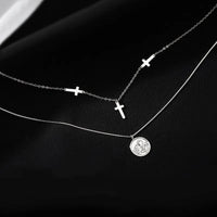 ANENJERY Silver Color Double Layer Cross Necklace for Women Round Angel Clavicle Chain Necklace Jewelry S-N239