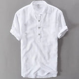 Helisopus Men Casual Cotton Linen Shirts Autumn Brand Short Sleeve Shirt Mandarin Collar Solid Color Retro Shirt Tees