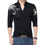 Hot Sale 2023 New Autumn Men's T Shirt Fashion Flower Print V Neck Long Sleeve T Shirt Mens Clothes Trend Casual Top Tee Men 5XL