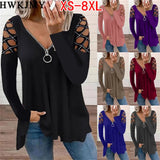 Women's Fashion Casual Clothes Off Shoulder Long Sleeve Tops V-neck Zipper Tees LadiesT-shirt Loose Cotton Shirts 5XL