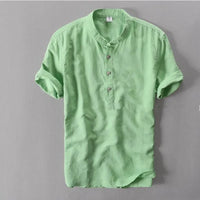 Helisopus Men Casual Cotton Linen Shirts Autumn Brand Short Sleeve Shirt Mandarin Collar Solid Color Retro Shirt Tees