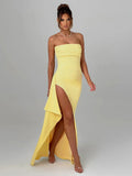 Giyu Sexy Club Abend Party Kleider Frauen 2025, Sommer Slash Neck Backless Rüschen Split Maxi Langes Kleid Elegante Bodycon Robe