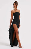 Mozision Trägerloses, rückenfreies, hoch gespaltenes Maxikleid für Damen, schwarz, schulterfrei, ärmellos, figurbetont, Club-Party, langes Kleid
