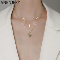 ANENJERY Silver Color Double Layer Cross Necklace for Women Round Angel Clavicle Chain Necklace Jewelry S-N239