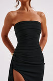 Mozision Trägerloses, rückenfreies, hoch gespaltenes Maxikleid für Damen, schwarz, schulterfrei, ärmellos, figurbetont, Club-Party, langes Kleid