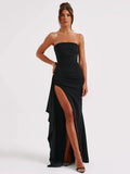 Mozision Trägerloses, rückenfreies, hoch gespaltenes Maxikleid für Damen, schwarz, schulterfrei, ärmellos, figurbetont, Club-Party, langes Kleid
