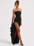 Mozision Trägerloses, rückenfreies, hoch gespaltenes Maxikleid für Damen, schwarz, schulterfrei, ärmellos, figurbetont, Club-Party, langes Kleid