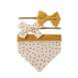 3Pcs/Set Muslin Cotton Baby Bib Newborn Bows Headband Triangle Print Saliva Towel Infant Boy Girl Feeding Burp Cloth Shower Gift