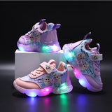 Girls' Casual Shoes Princess Children'S Elsa LED Luminous Light Pink Purple Leather Fashion Sports Shoes Sneakers Size 22