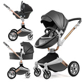 F023 Baby Stroller 3 in 1,Rotates 360 Degrees,Pu Leather, Mosquito Net, Rain Cover, Adapter, Cup Holder, Large Wheels