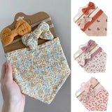 3Pcs/Set Muslin Cotton Baby Bib Newborn Bows Headband Triangle Print Saliva Towel Infant Boy Girl Feeding Burp Cloth Shower Gift