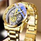 Gold Skeleton Waterproof Leather Custom Watch Men Luxury Orologio Uomo Relojes De Cuarzo Para Hombre
