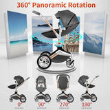 F023 Baby Stroller 3 in 1,Rotates 360 Degrees,Pu Leather, Mosquito Net, Rain Cover, Adapter, Cup Holder, Large Wheels