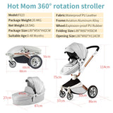 F023 Baby Stroller 3 in 1,Rotates 360 Degrees,Pu Leather, Mosquito Net, Rain Cover, Adapter, Cup Holder, Large Wheels