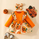 Cute Halloween Infant Pumpkin Print Baby Kids Girl’S Solid Bodysuit Ruffled Sleeves Bow Suspender Dress Set with Headband