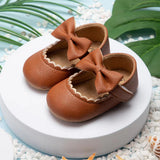 Retro New Newborn Baby Walking Shoes Spring Autumn Solid Color Bow Princess Shoes PU Anti-Slip Soft Rubber Bottom Baby Casual